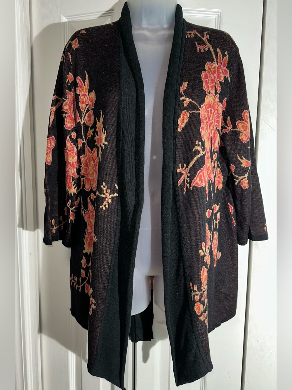 Peruvian Connection Sakura kimono cardigan Black And Floral L Pima Cotton   AA22